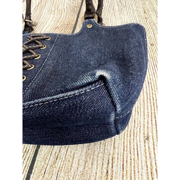 Vtg Y2K Small Denim Handbag Faux Leather Lace Up Front Blue Jean Shoulder Bag - Picture 10 of 15